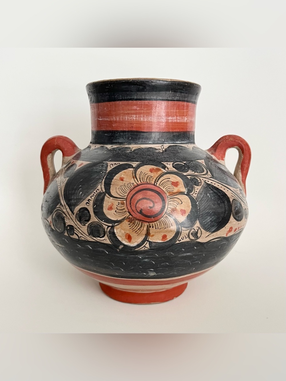 Vintage Mexican Tonala Hand Painted Pottery Vase w/Handles Floral Black Orange